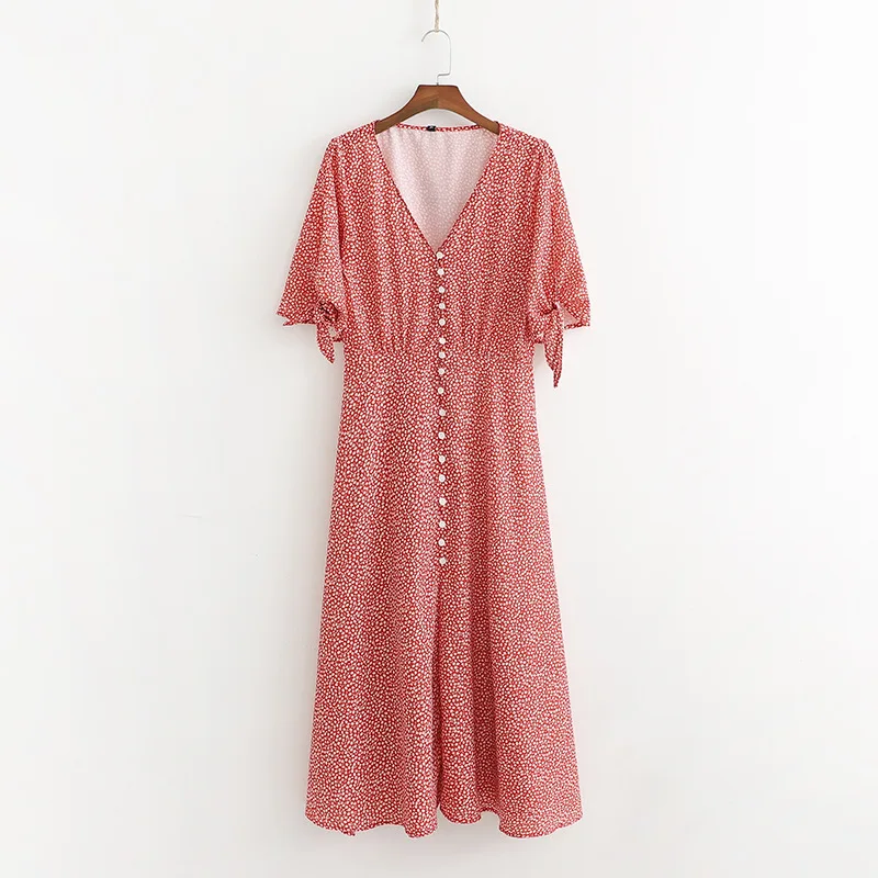 

QZ199 Womens V Neck Buttons Deco Short Sleeve Tiny Floral Print Dress Slim Waist Dresses