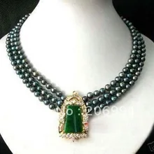 Ювелирные изделия 3 ряд черный пресной воды Жемчужное ожерелье зеленый камень кулон подарок