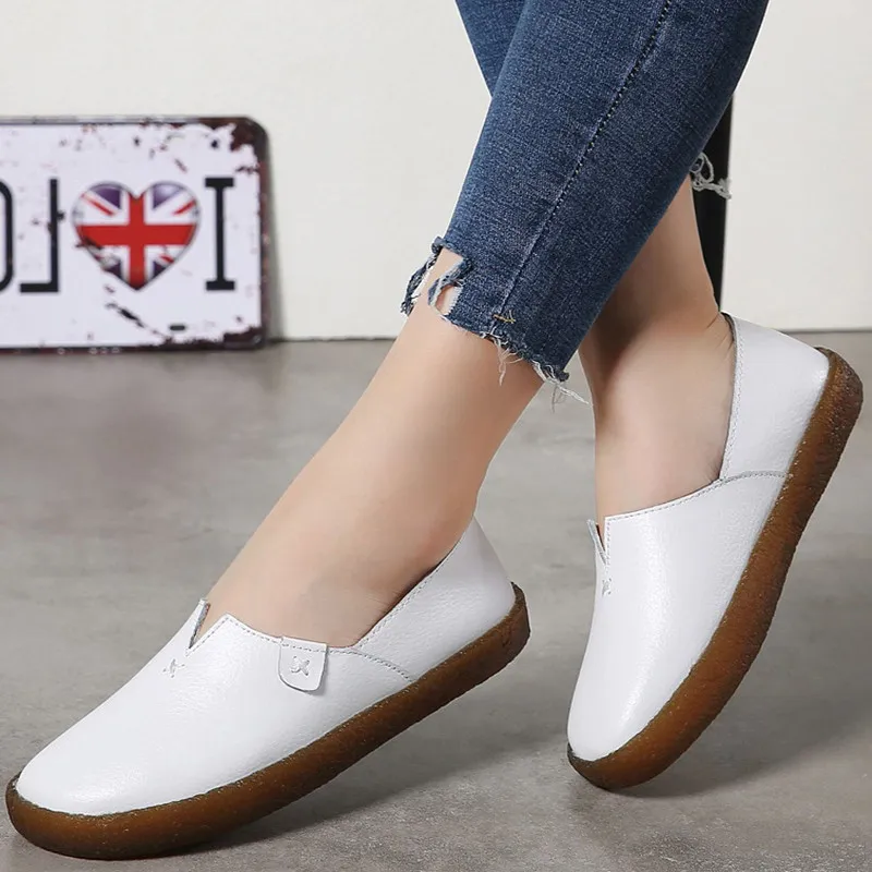 

Women Loafers Genuine Split Leather Flat Heels Sewing Slip On Round Toe Single Sandals Platform Ladies Shoes Zapatos Mujer 027W