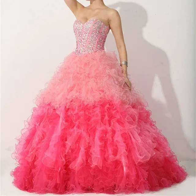 Pink Sweetheart Quinceanera Dress With Ruffle Skirt Beaded