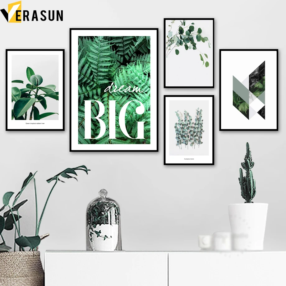 

Green Fern Leaves Geometry Dream Quotes Wall Art Canvas Painting Nordic Posters And Prints Wall Pictures For Living Room Decor