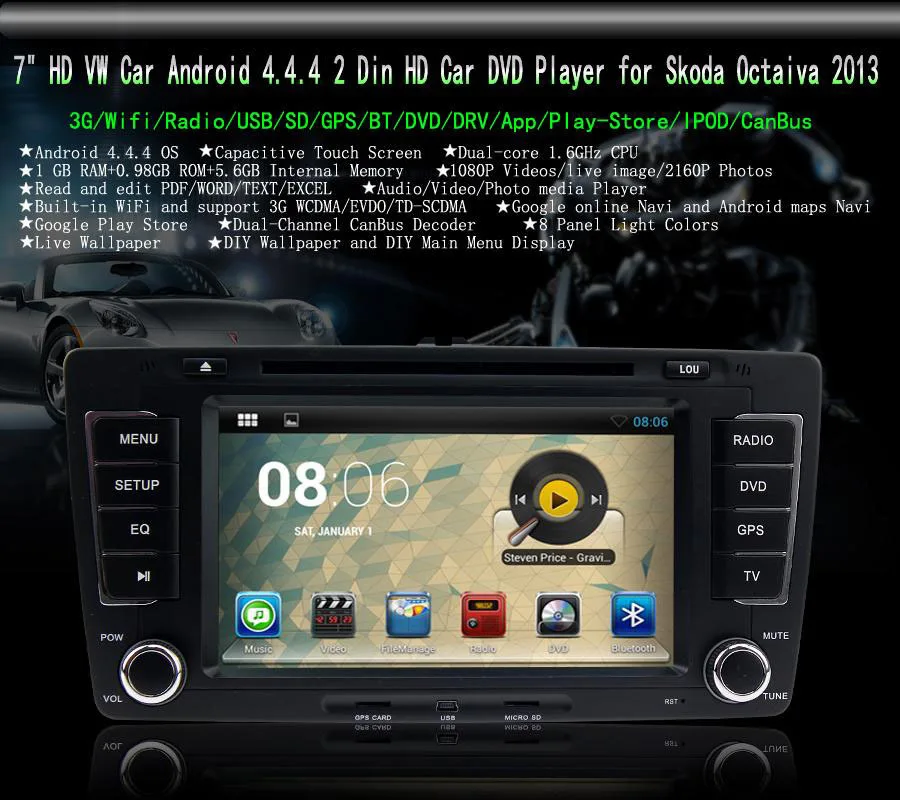 Excellent Android 8.1.1 7" 2 Din HD Car DVD Player for Skoda Octaiva 2013 Volkswagen 2 Din with 8GB TF Card and Canbus 2017 New Sales 1