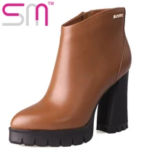 Genuine Leather Fashion Women Boots Vintage Hoof High Heels Ankle Boots Platform Shoes Woman Add Fur Autumn Winter Boots