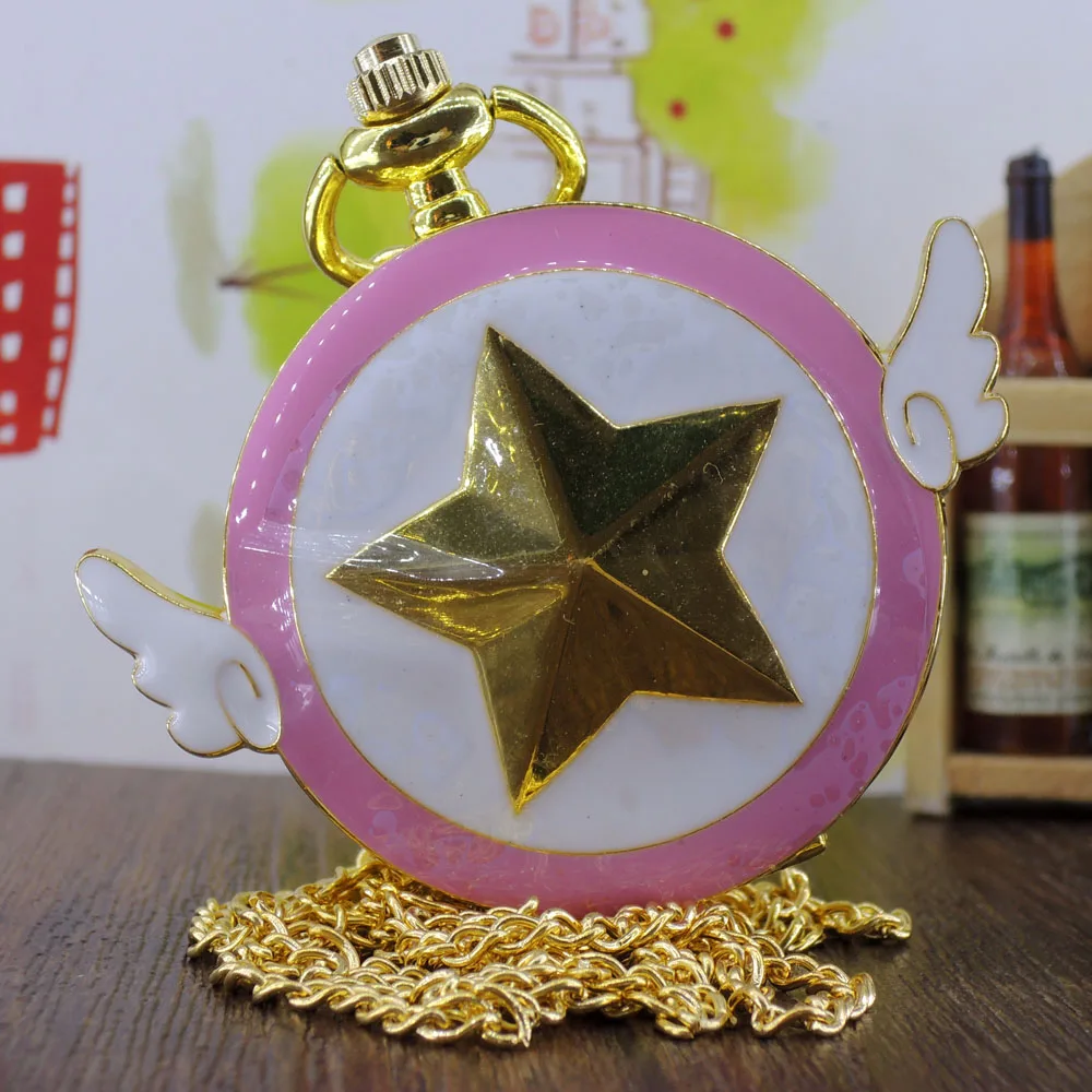 

New Fashion Golden Rhombic five-pointed Star White Angel Wings Quartz Pocket Watch Analog Pendant Necklace Mens Womens Gifts