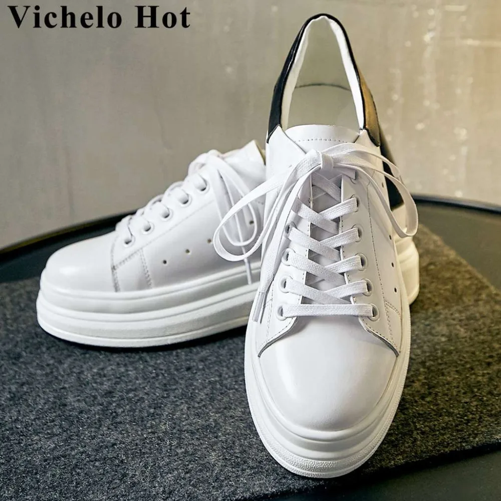 

Vichelo Hot handmade genuine leather lace up classic white sneakers thick high bottom platform round toe vulcanized shoes L18