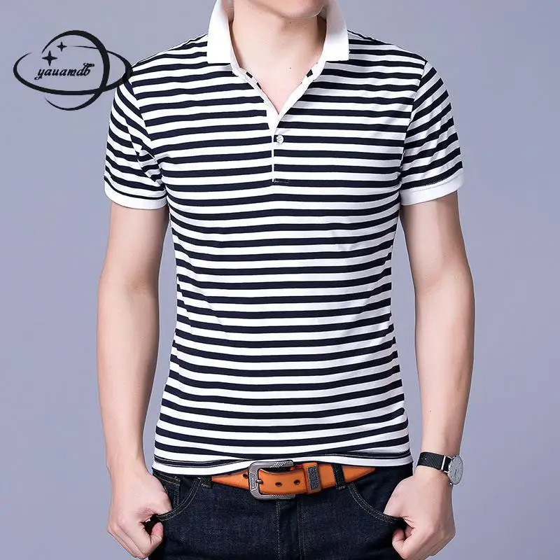 

YAUAMDB men polo shirts 2018 summer size M-3XL cotton male tops tees clothing short sleeve striped print slim man clothes y53