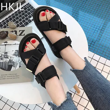

HKJL New Women Beach Sandals Summer Ladies Flip Flops Flat Driving Shoes zapatos de mujer Sport PU Sandals A035