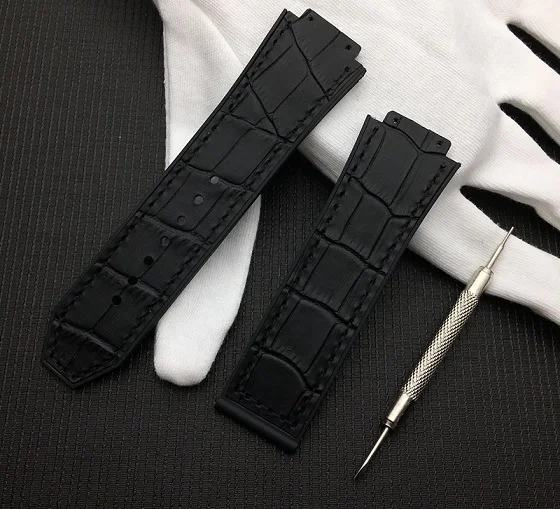 Top brand quality 25*17mm cow real leather with rubber silicone watchband watch band for Hublot strap for Big bang belt logo on