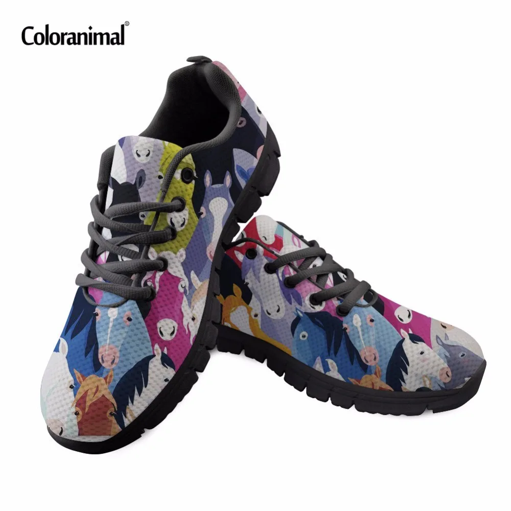 

INSTANTARTS Women Casual Flats 3D Rainbow Colorful Horse Pattern Youth Girl Comfortable Mesh Lacing Sneakers Shoe Tenis Feminino