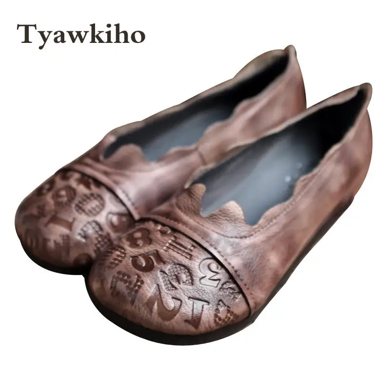

Tyawkiho Genuine Leather Women Flats Embroidery Loafers Women Leather Spring Shoe Slip On Retro Ballat Flats Handmade Women Flat