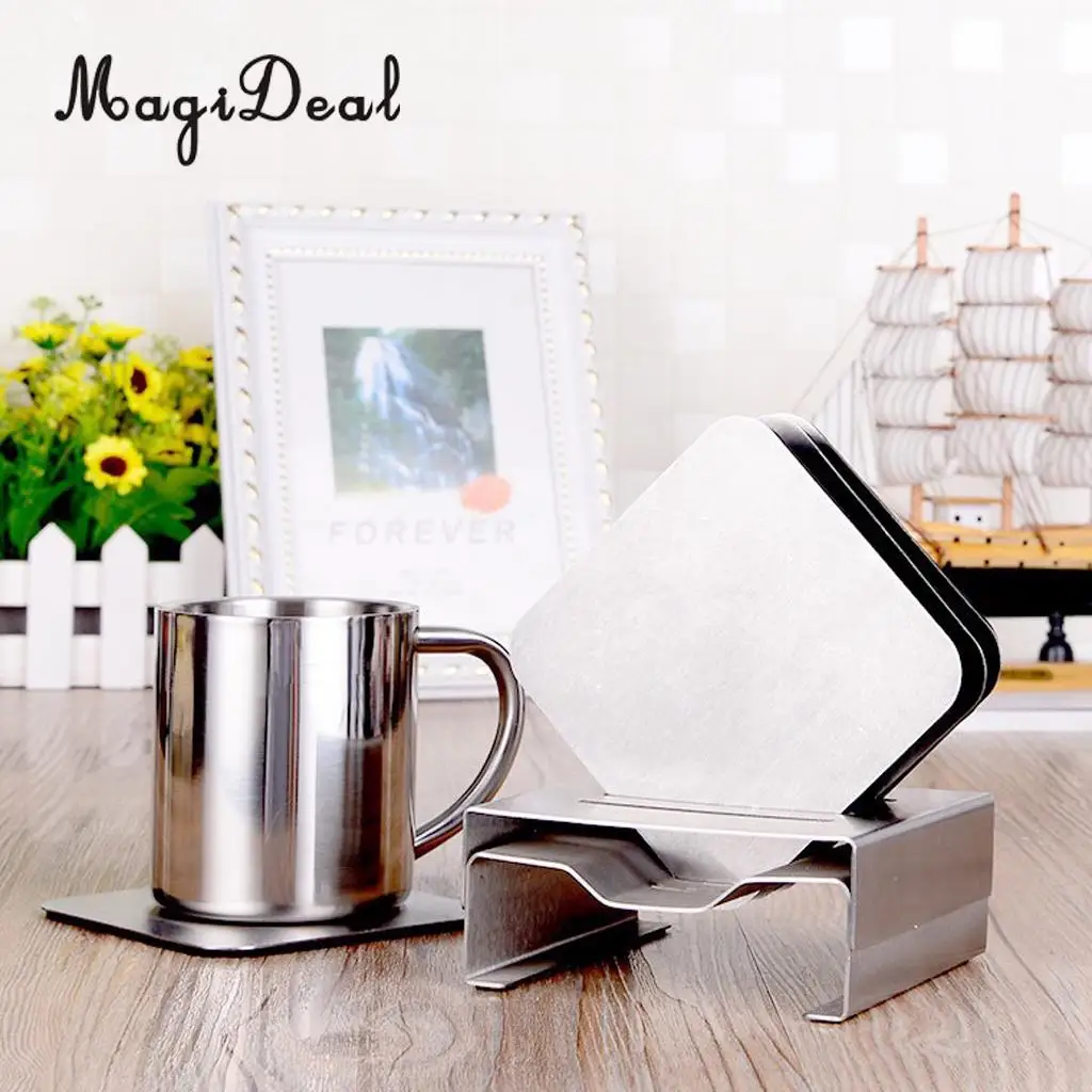 MagiDeal 4pcs/set Car Use Slice Coasters Hot Cold Drinks Cup Mat Stainless Steel - Round & Square,Anti Spills, Scratches, Damage