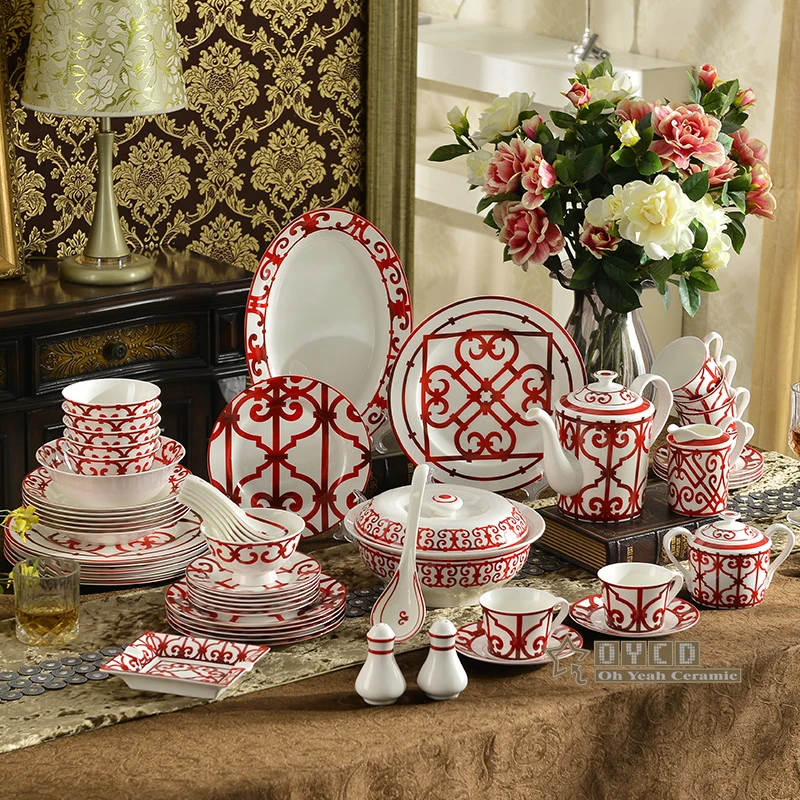 

Porcelain dinnerware set bone china Chinese Red Characteristics design 58pcs dinnerware sets 43pcs dinner set 15pcs coffee set