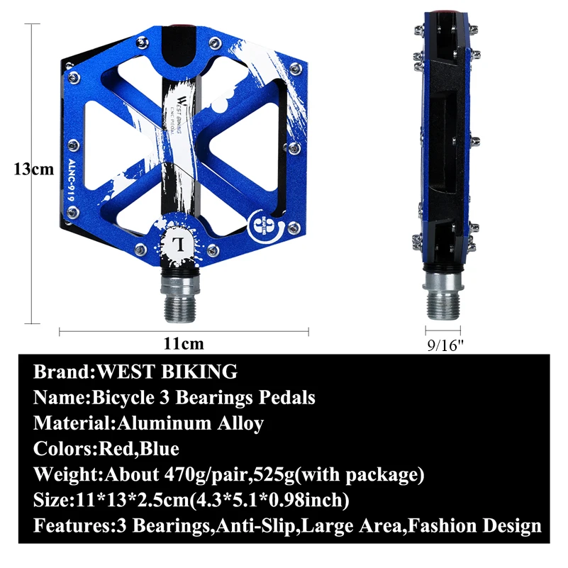 WEST BIKING, 3 подшипника, педали для велосипеда, алюминиевый сплав, противоскользящая велосипедная педаль, MTB, части для шоссейного велосипеда, полые педали для велосипеда с большой площадью