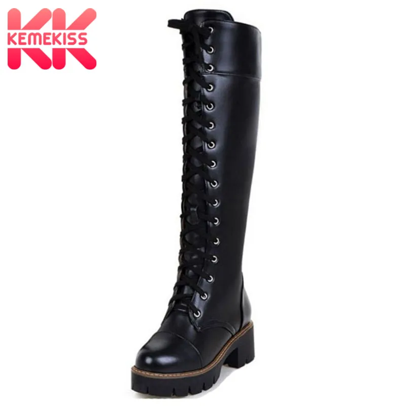 KemeKiss Size 34-43 Women Long Boots Lace Up Platform Thick Heels Woman Shoes Fa