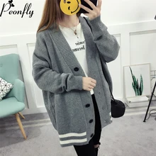 PEONFLY осень зима большой полосатый кардиган женский вязаный свитер куртка однобортный длинный рукав кардиган женский