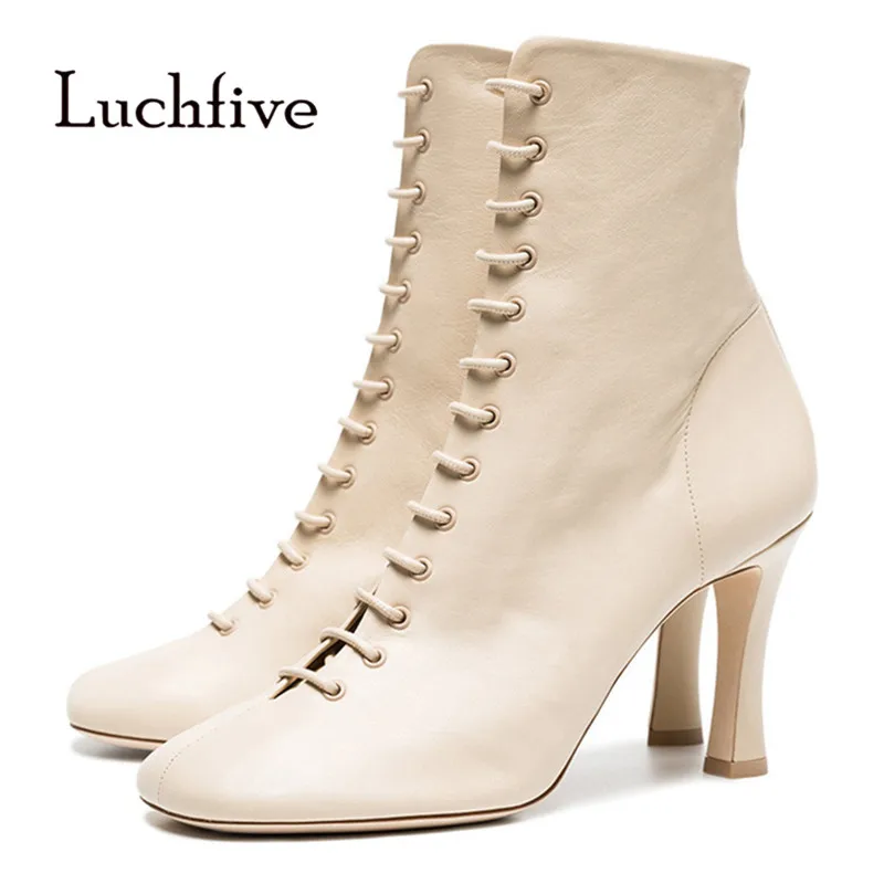 

2019 Retro Sheepskin Ankle Boots Women Round Toe Lace-up High Heel Boots Woman Fashion Party Shoes Winter