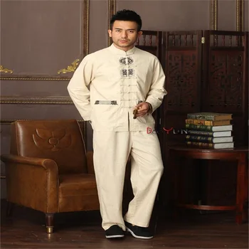 

2015 NEW Beige Chinese Men Kung fu Uniform Cotton Linen Tai Chi Suit Vintage Button Clothing M L XL XXL XXXL