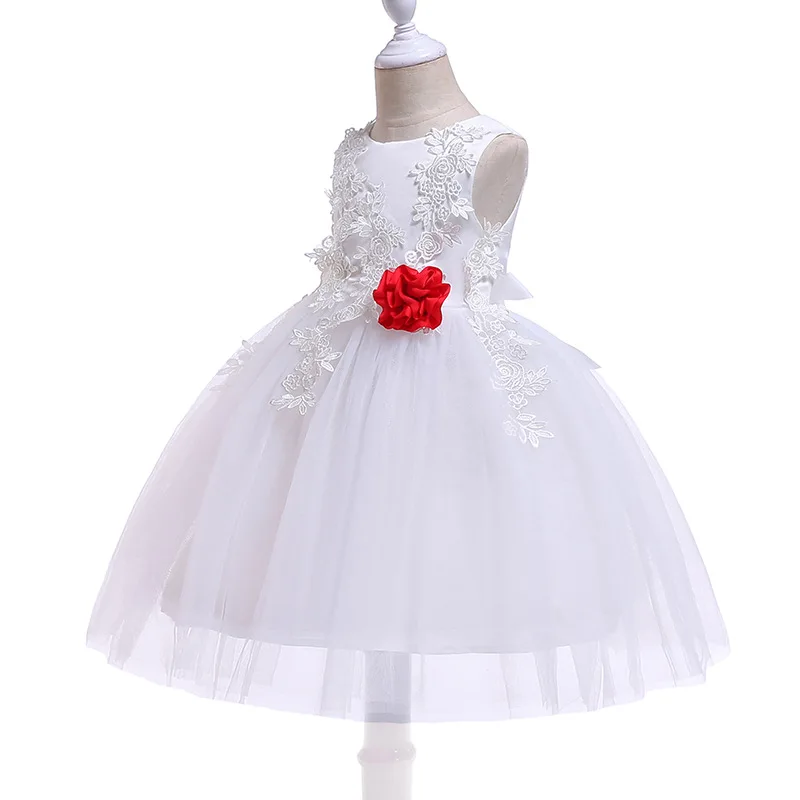 Новое Детское платье, белое элегантное кружевное платье принцессы без рукавов для девочек 3-10 лет, красивое танцевальное платье для вечеринки с красным цветком
