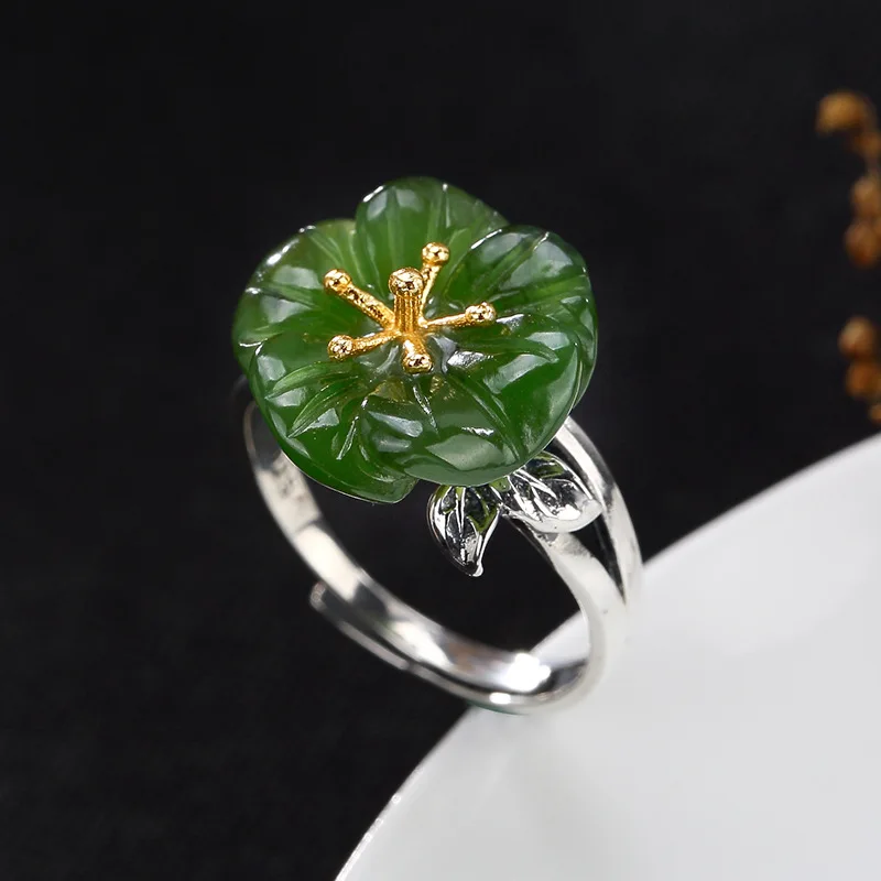 

2018 Fashion Silver S925 Sterling Silver Gilded Antique Mosaic And Jade Jade Mei Flower Lady Open Ring Ring Wholesale
