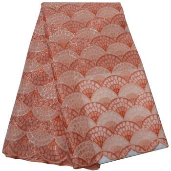 

Free shipping (5yards/pc) beautiful peach color African organza lace fabric with sequins embroidery for delicate dress OP82