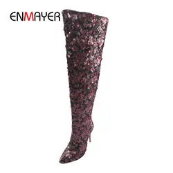 ENMAYER/Новинка, модные и пикантные женские ботфорты с острым носком, на шпильке, на молнии, ZYL885