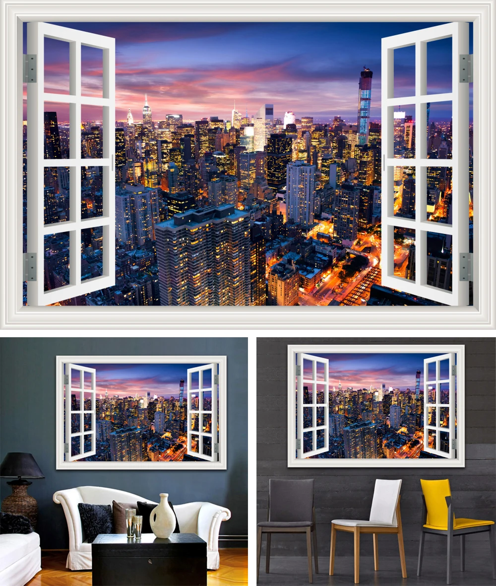 3D Наклейка на стену с видом на окно, ночной город, наклейка с пейзажем, виниловые обои, домашний декор, для гостиной