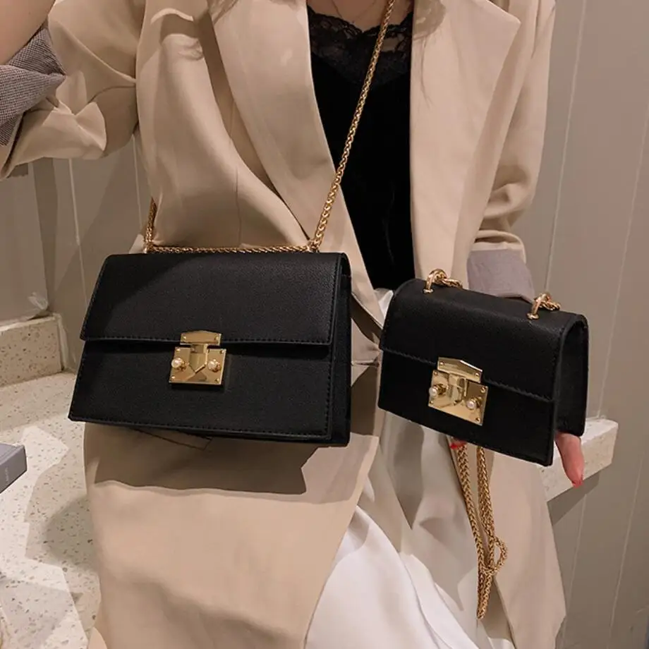 2 bags Black Элегантная Женская Повседневная квадратная сумка с клапаном летняя новая качественная кожаная женская дизайнерская сумка с замком на цепочке сумка через плечо - Цвет: 2 bags Black