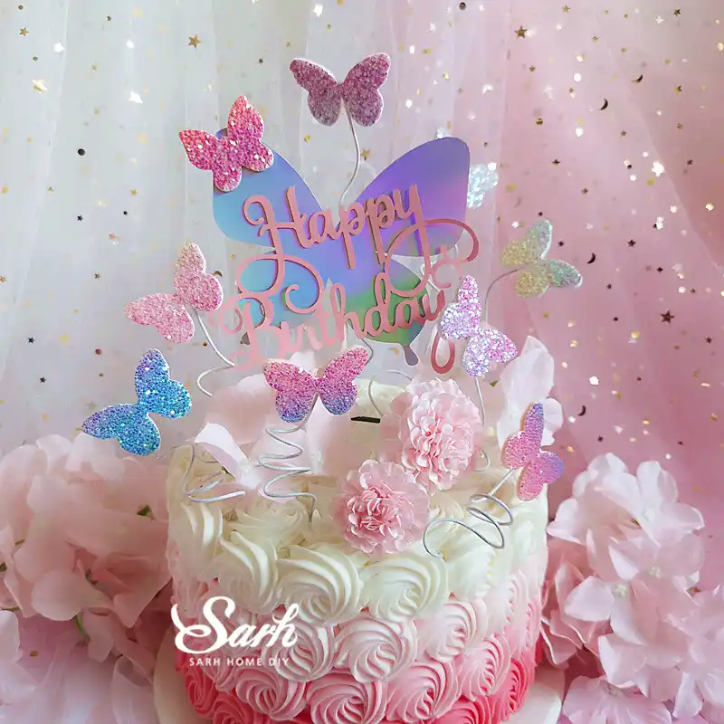 Biling Colourful Laser Butterfly "Happy Birthday" Cake Topper Dessert