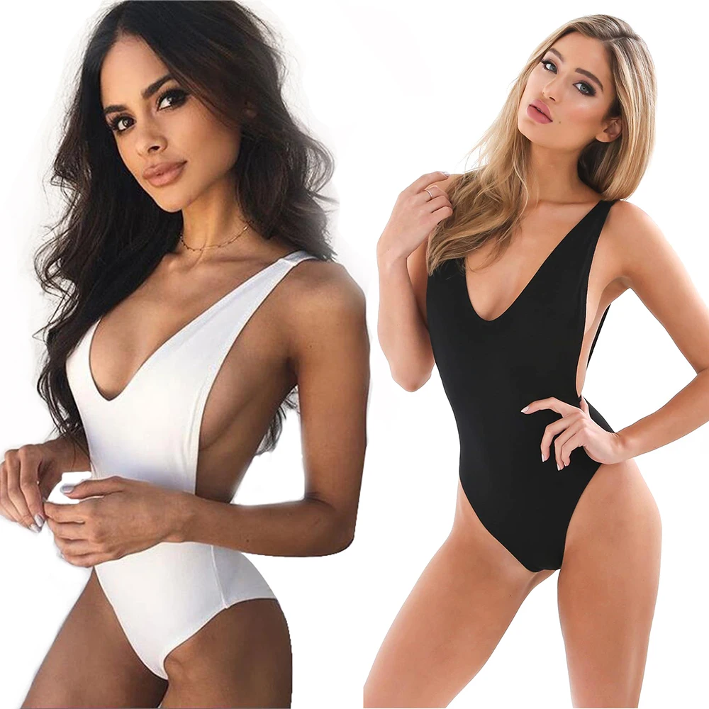 

2019 Summer Sexy One Piece Swimsuit Women Swimwear Female Solid Black Deep V-neck String Backless Monokini Swimsuit