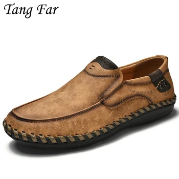 

Handmade Men Leather Casual Shoes Big Size 39- Men's Leather Loafers Solid Brand New Breathable Boat Shoes Khaki