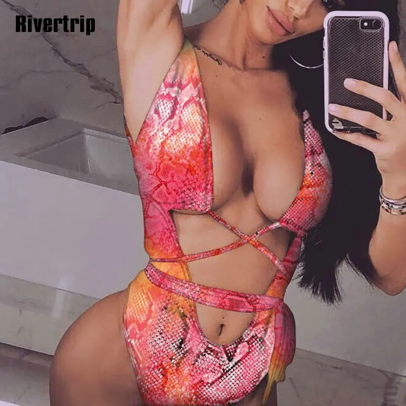 

Rivertrip Snake Print One Piece Swimsuit Sexy Plunging Swimwear Women High Cut Bathing Suit Women Cross Bandage Bodysuit 2019