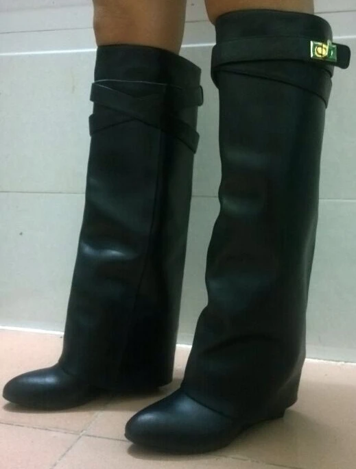 Fashion Women Genuine Leather Wedge Knee High Boots Silver Metal Shark Lock Belt Layer Shoes High Heels Knight Boots Size 35-42 Fashion Women Genuine Leather Wedge Knee High Boots Silver Metal Shark Lock Belt Layer Shoes High Heels Knight Boots Size 35-42