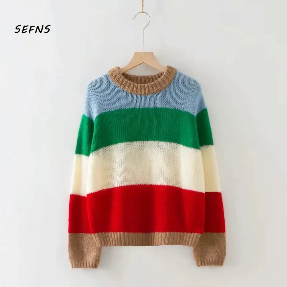 

SEFNS oversized sweater womens 2018 winter autumn fashion rainbow striped Pullovers Puff Sleeve Computer Knitted Casual sweater