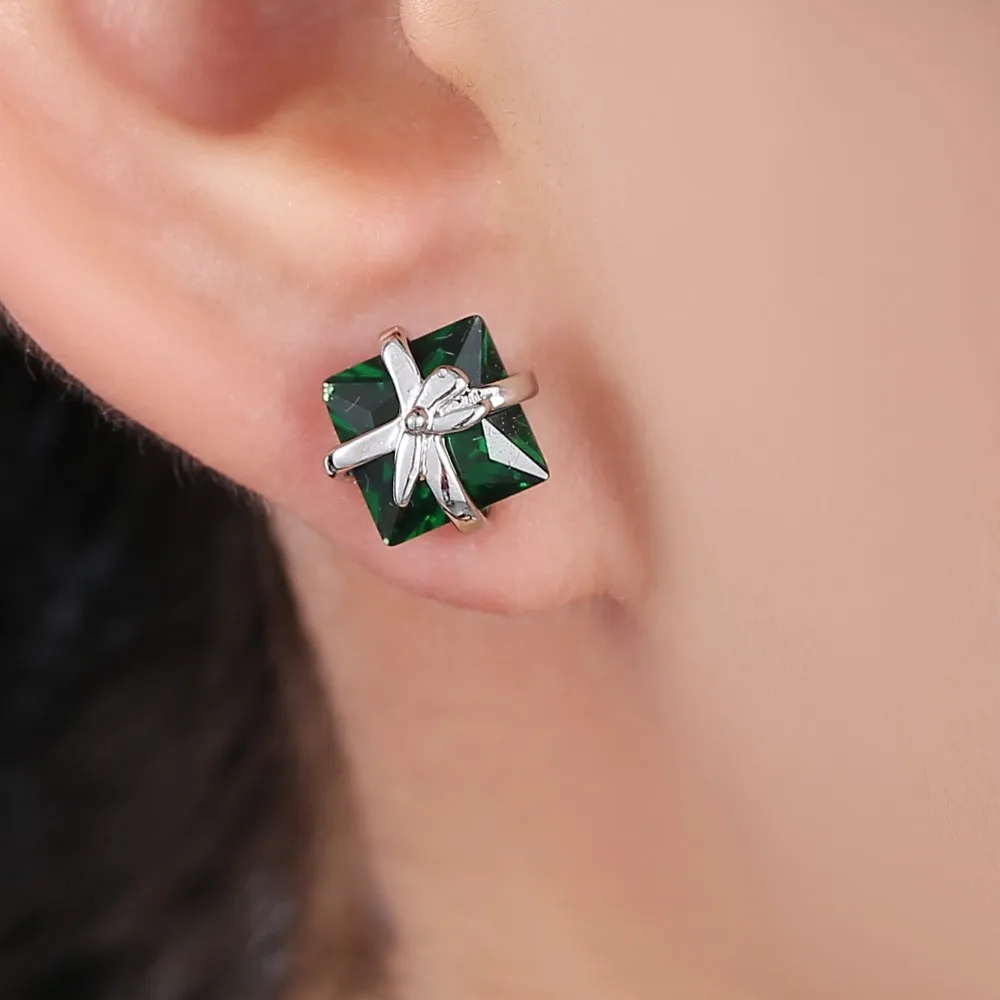 

Lady Bride Wedding gift 925 Sterling Silver Jewelry Square Green Crystal Stud Earrings For Women Girls Engagement Accessories