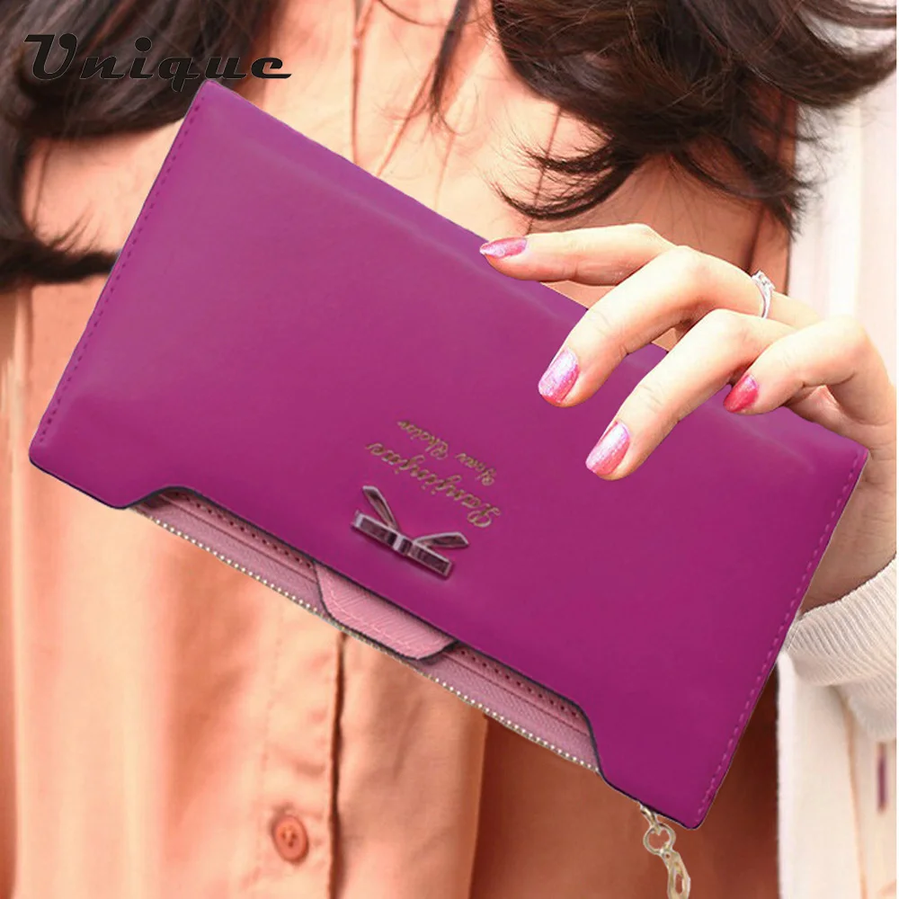  Fashion Women Bag Lady Long Wallets Purse Female Candy Color Bow Knot PU Leather Carteira Feminina for Coin Card Dollar Price 