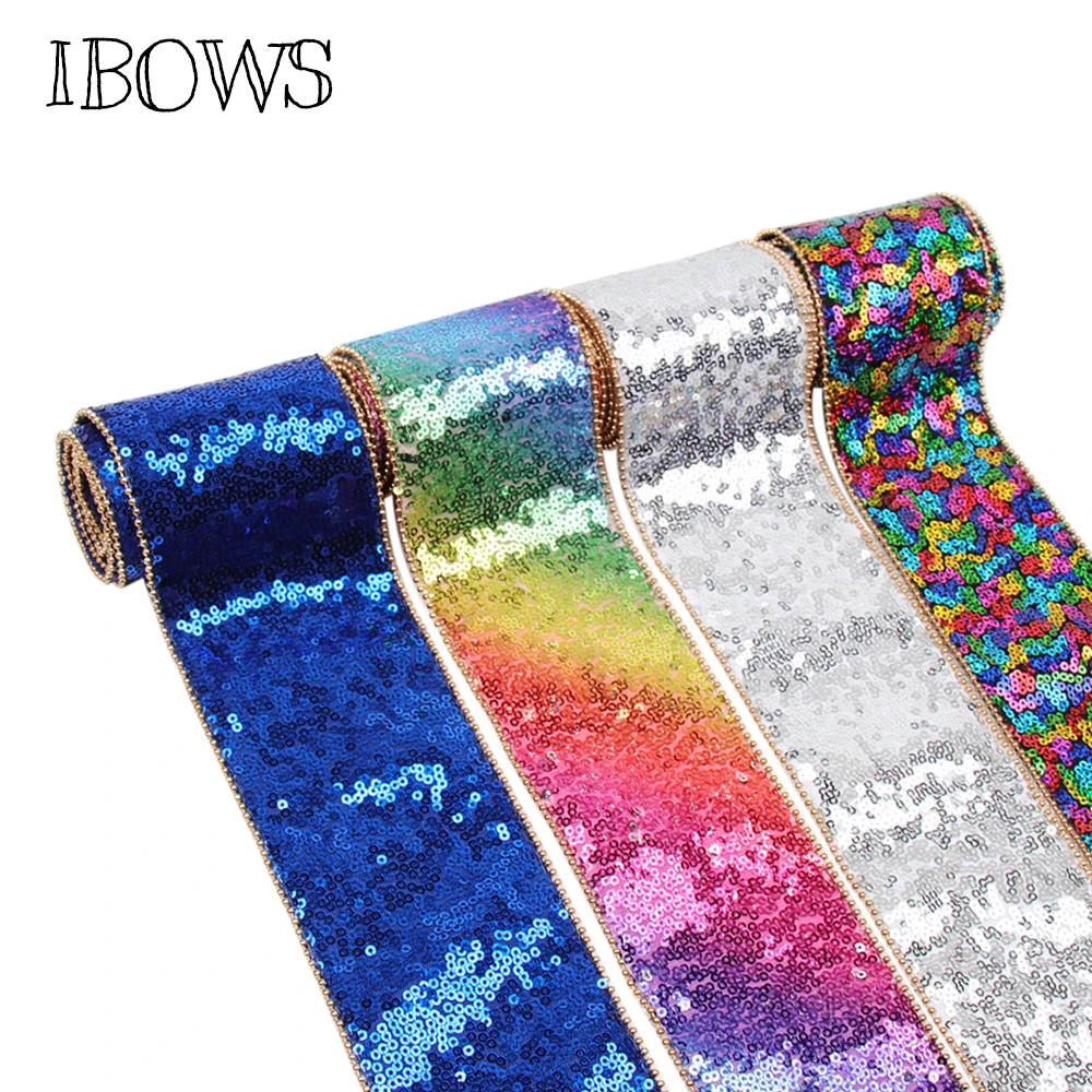 

IBOWS 2yards 3" 75mm Sequin Ribbon with Gold Line Locked for DIY Hair Bows Accessories Belt Wedding Party Decoration Gift Packet