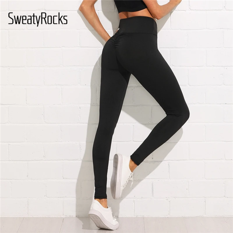 Черные гофрированные леггинсы SweatyRocks с высокой талией для тренировок, женские модные леггинсы, осень, спортивная одежда, штаны-капри для фитнеса