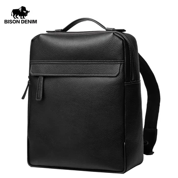 

BISON DENIM Men's Backpacks Cowskin Large 14 inches Laptop Backpacks For Male Leather Travel Bags For Teenager Men mochila N2668