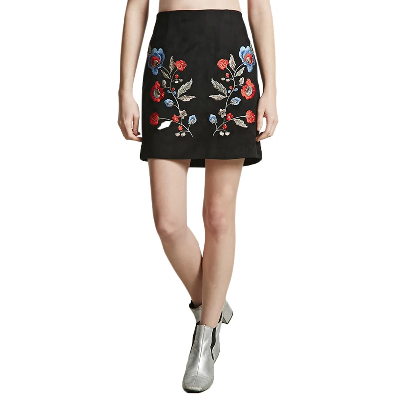 Black midi rise floral embroidery skinny mini skirts for women ladies