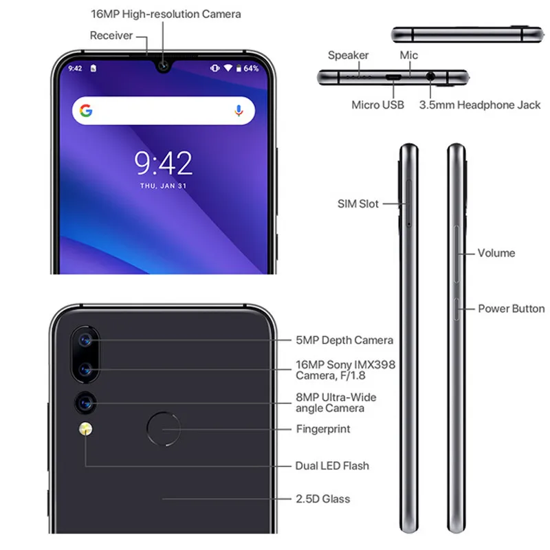 UMIDIGI A5 PRO Android 9 0 Octa Core 6 3 &quotFHD + безрамочный экран в виде капли воды 16MP тройной