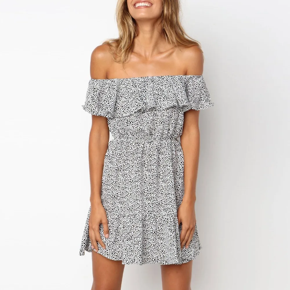 

2019 new mini dress Fashion Women Casual Short Sleeve Polka Dot Off Shoulder Ruffles Mini Dress @7