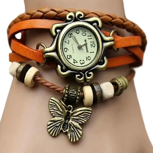 

New Womens Retro Faux Leather Bracelet Butterfly Decoration Quartz Wrist Watch