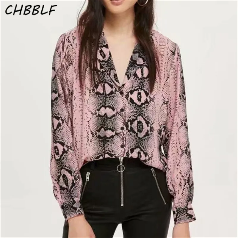 

CHBBLF women pink snake skin print blouse animal pattern long sleeve shirts vintage female casual chic tops HJH1674