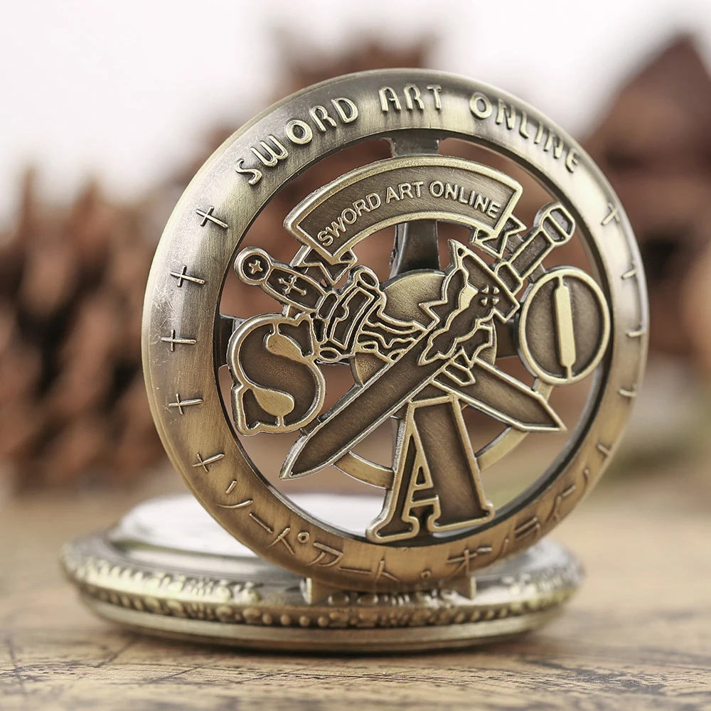 Antique Pocket Watch Free Shipping Vintage Bronze Sword Art Online Chain Pocket Watch Necklace Pendant Mens Christmas Gift  (9)