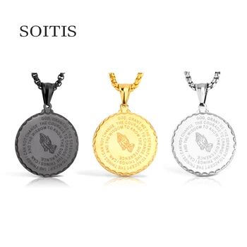 

SOITIS Praying Hands Pendant Necklace Bible Verse Medal Men Chain Jewelry 316L Stainless Steel Brother Gift Gold Color
