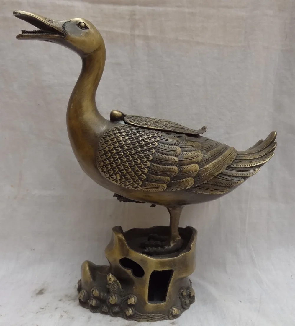 

005067 10" Folk Chinese Pure Bronze Fish Duck Quacker Statue Incense Burner Censer