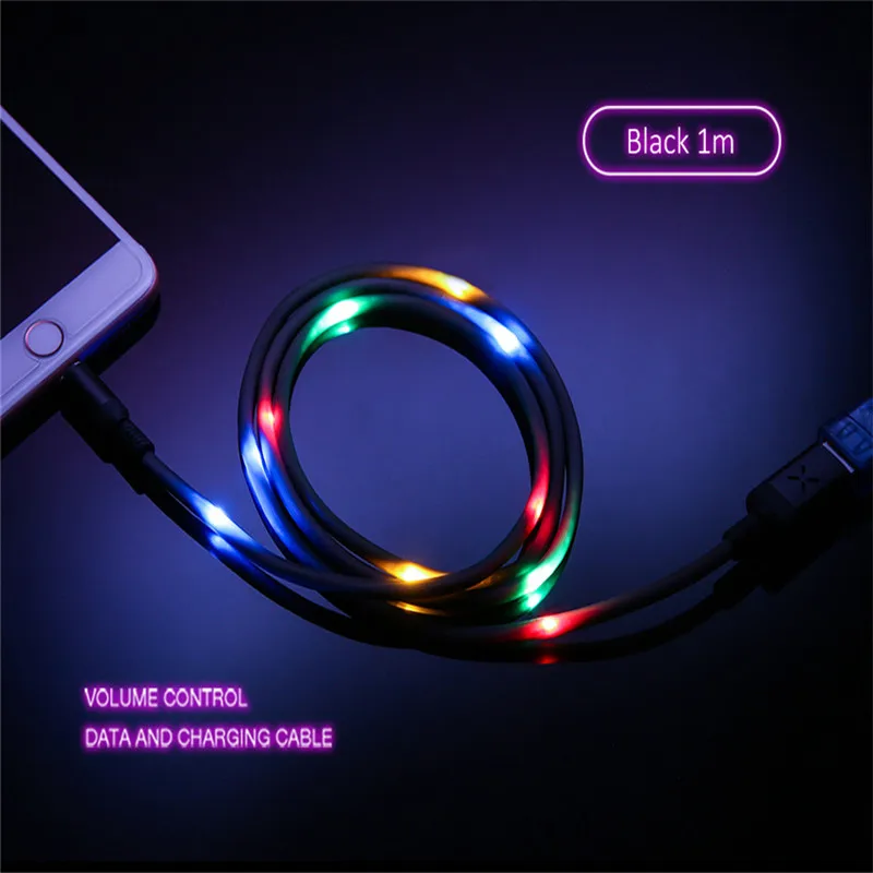 Светодиодный светильник с регулятором громкости танцевальный кабель для вспышки для iPhone X XR 8 7 Синхронизация данных Быстрая зарядка USB кабель для светильник ing светодиодный светящийся шнур - Цвет: black