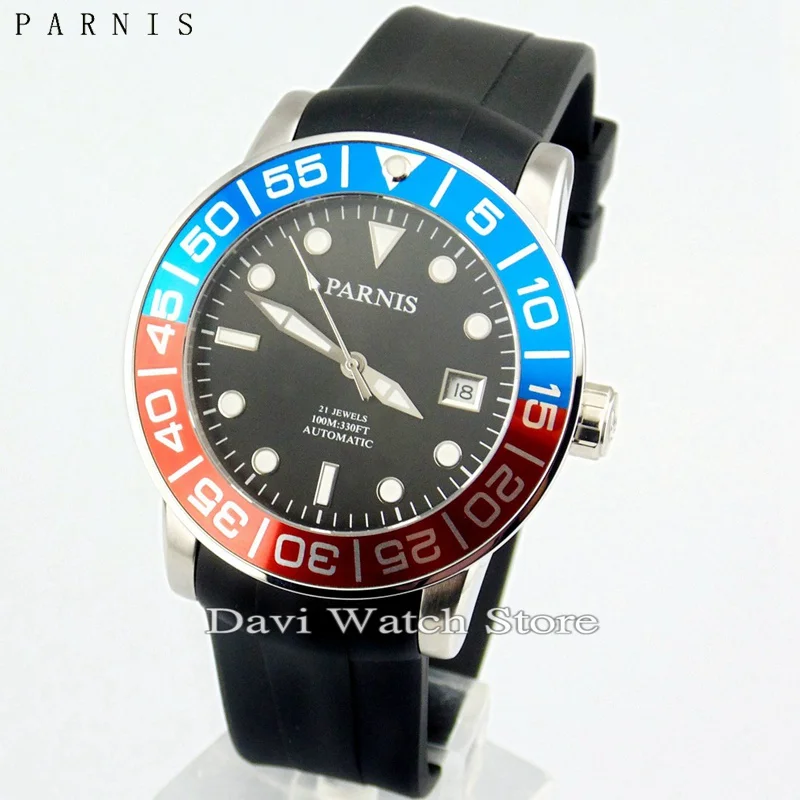

Parnis 42mm Black Dial Rubber Band Sapphire Glass Date Miyota Automatic Mens Watch