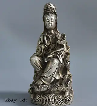

9" China Buddhism Temple Silver Lotus Guanyin Kwan-yin Bodhisattva Buddha Statue