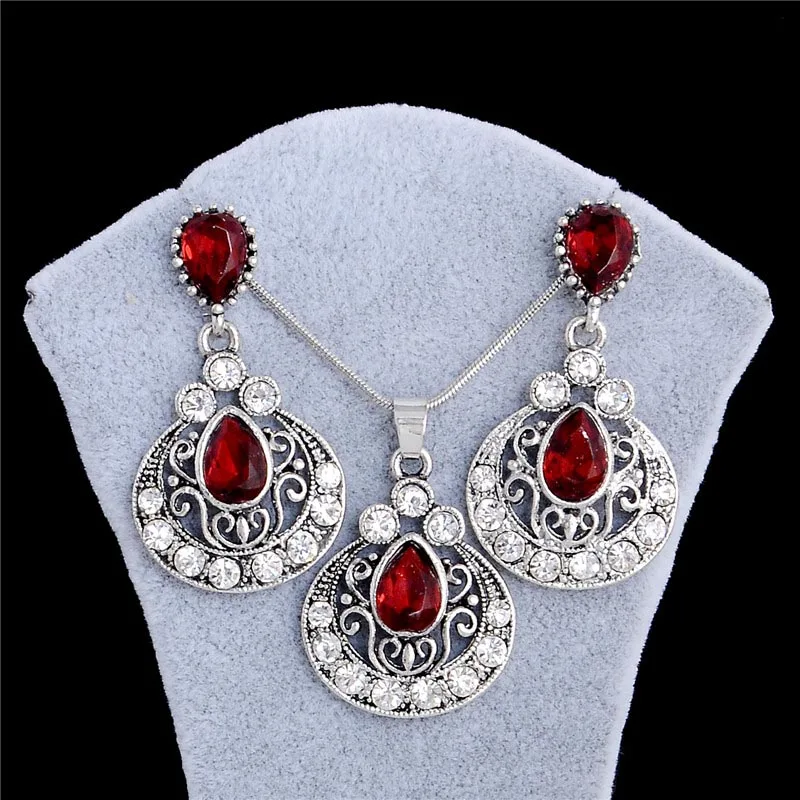 

MISANANRYNE Vintage Fashion Austrian Crystal Jewelry Sets Red Waterdrop Pendant Necklace Set Female Wedding Jewelry Gift Sets